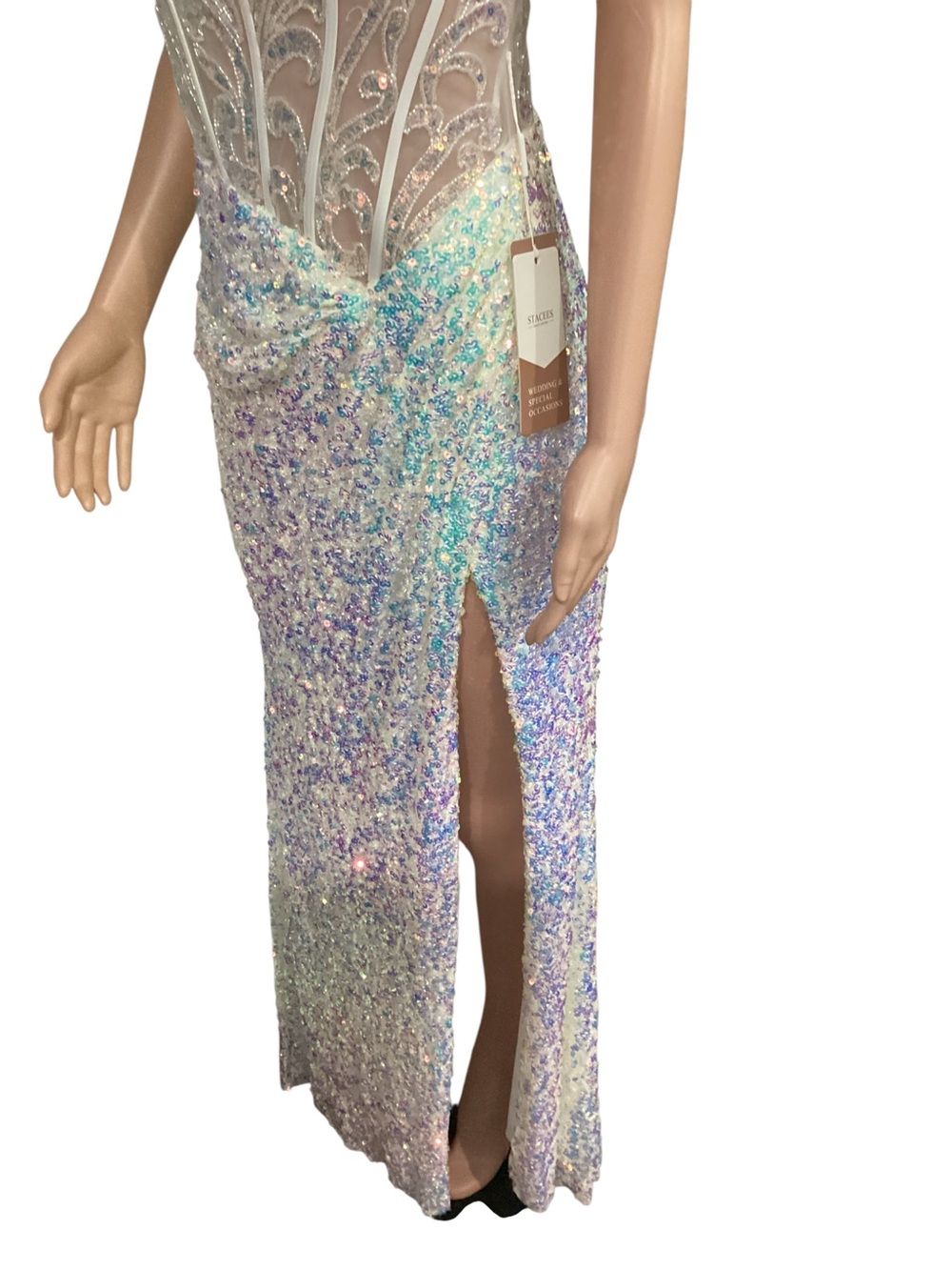 Stacees iridescent Sequin Mermaid Fairy Corset Sleeveless Thigh Slit Size 12 - Picture 6 of 15
